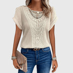 Beige crochet blouse with embroidered yoke and short flutter sleeves