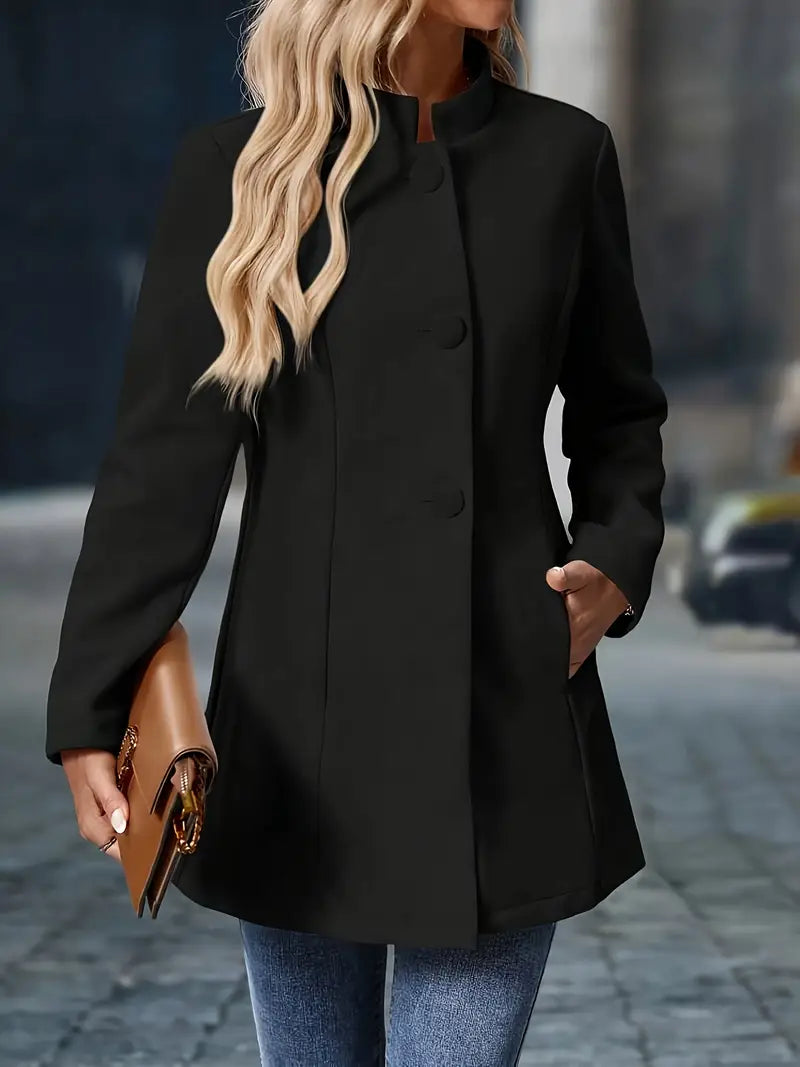 Women’s mid-length winter coat, black, front view with button stand collar