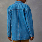 Light blue denim blazer back view with yoke seam and long sleeves