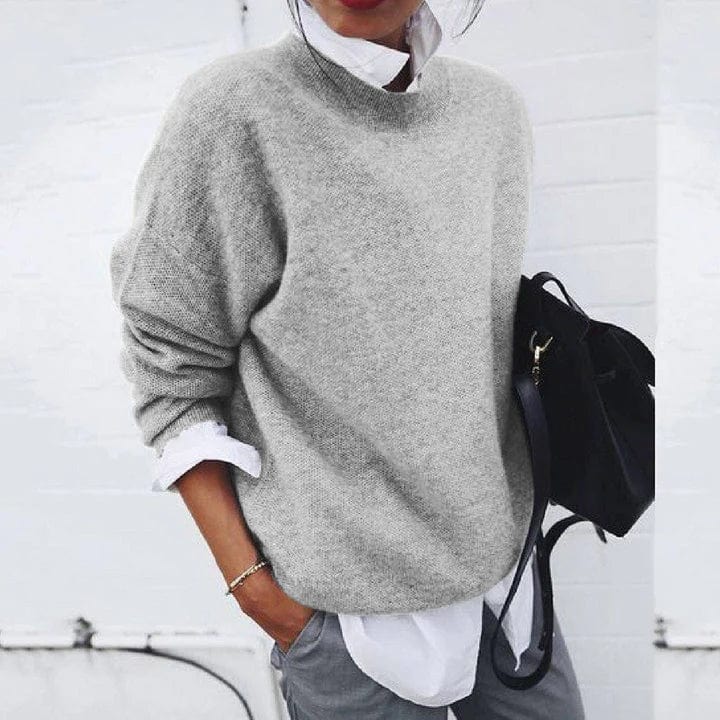 Gray crew neck knit sweater with long sleeves, relaxed fit