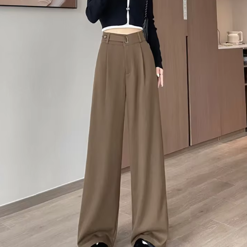 Women's high-rise wide-leg trousers, tan/coffee with wide straight legs.