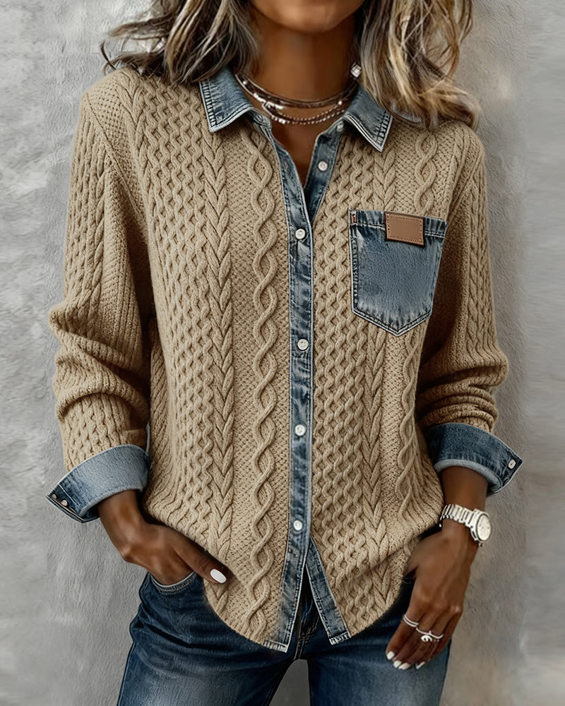 Long-sleeve knit shirt with denim patchwork, tan cable knit body, denim collar and pocket
