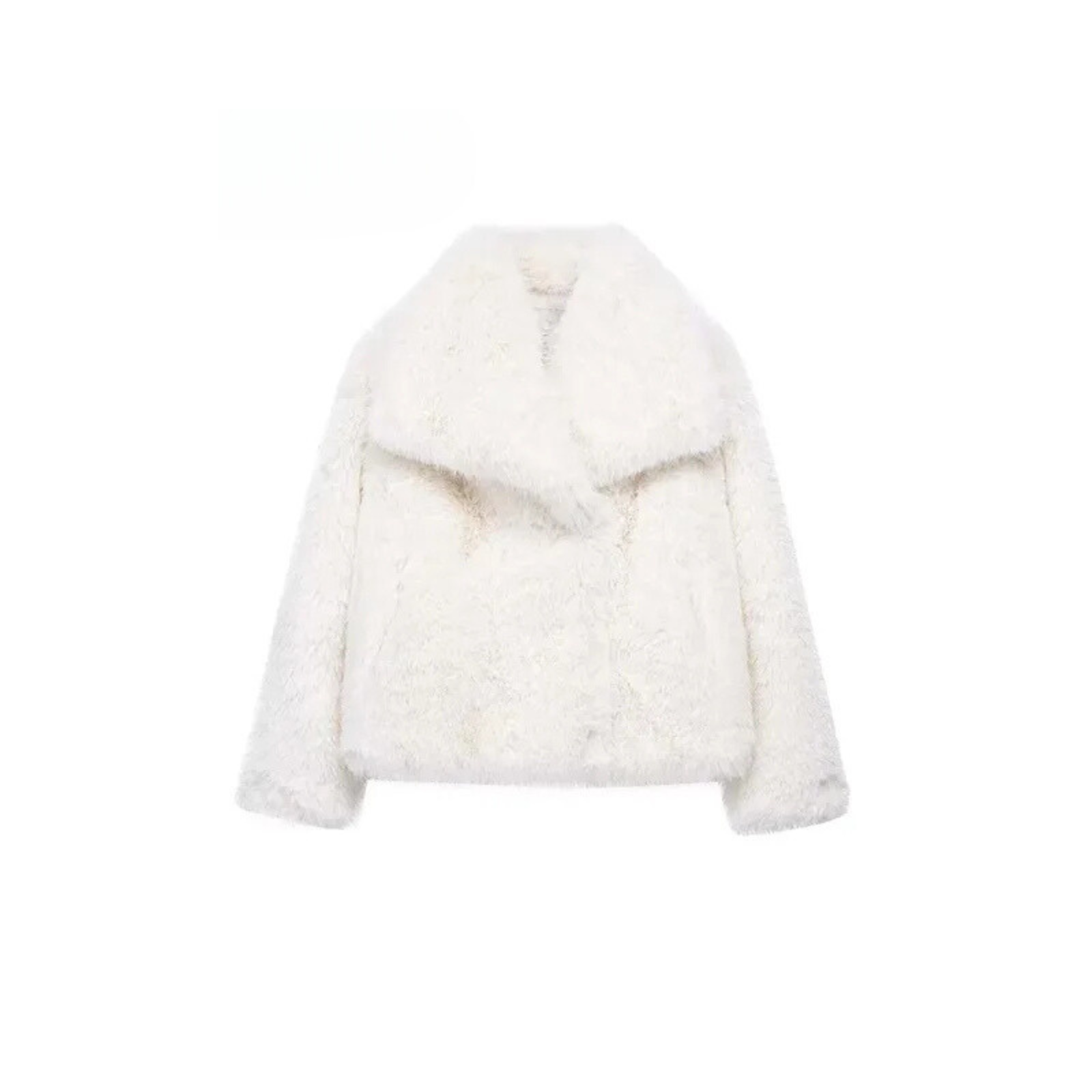 Off-white oversized faux fur jacket with shawl collar and button front