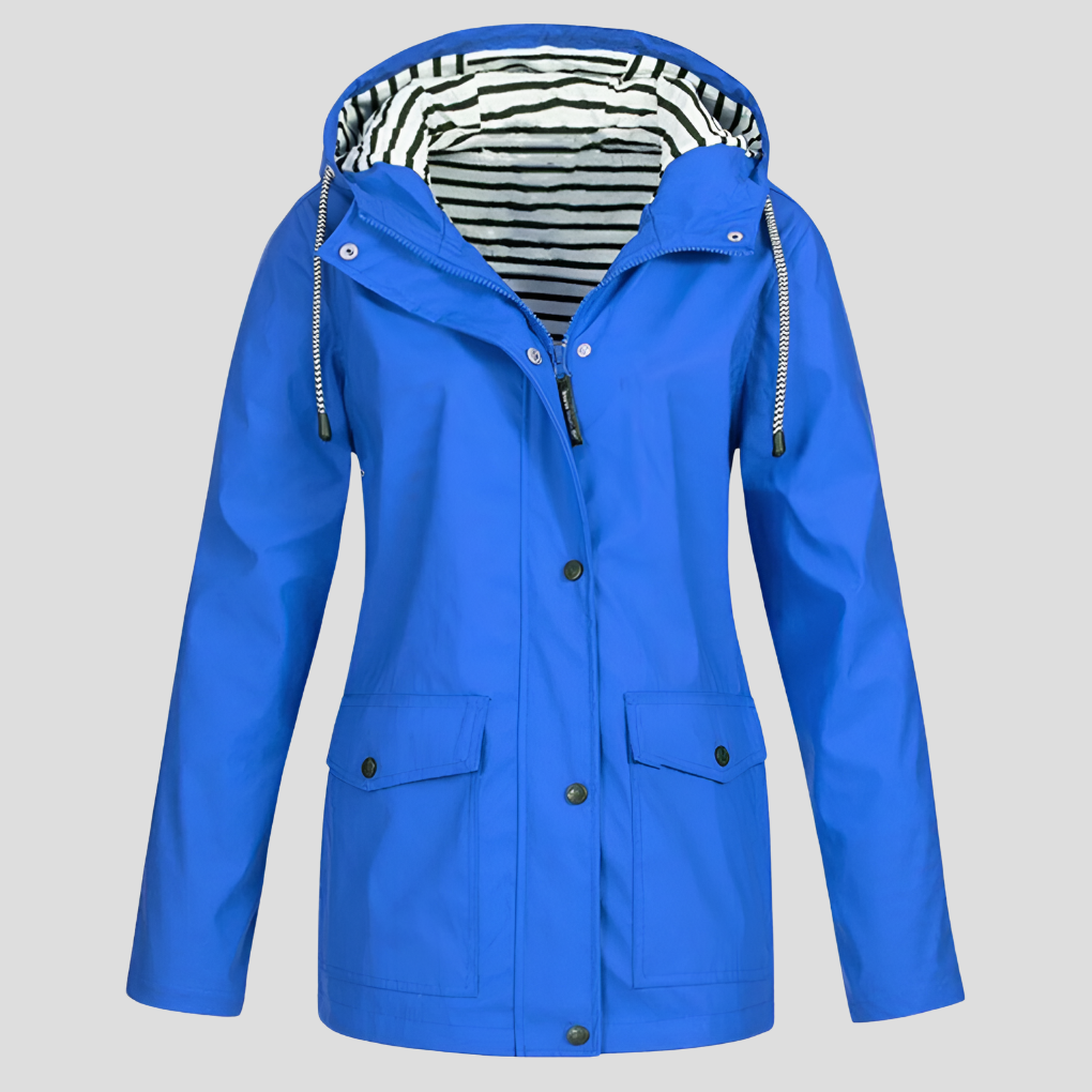 Amalia women’s insulated wind and waterproof jacket, bright blue with striped hood lining, snap front