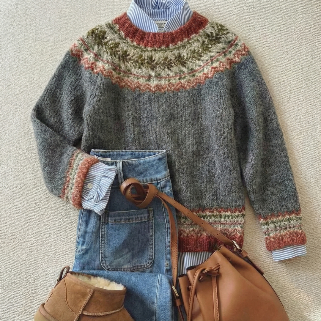 Folded heather gray knit sweater with multicolor fair isle yoke and ribbed cuffs.