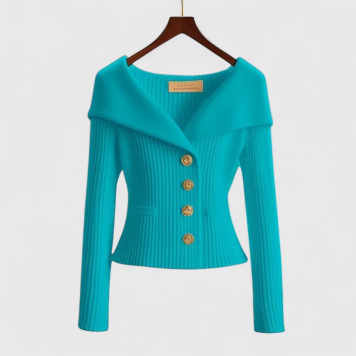 Teal ribbed cardigan with V-neck, long sleeves, and button front