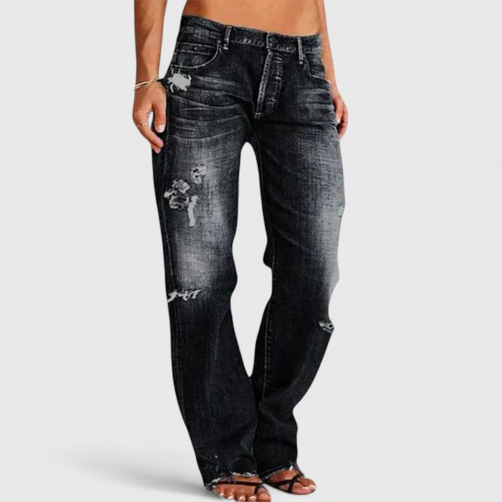 Black distressed jeans with straight-leg fit and five-pocket design