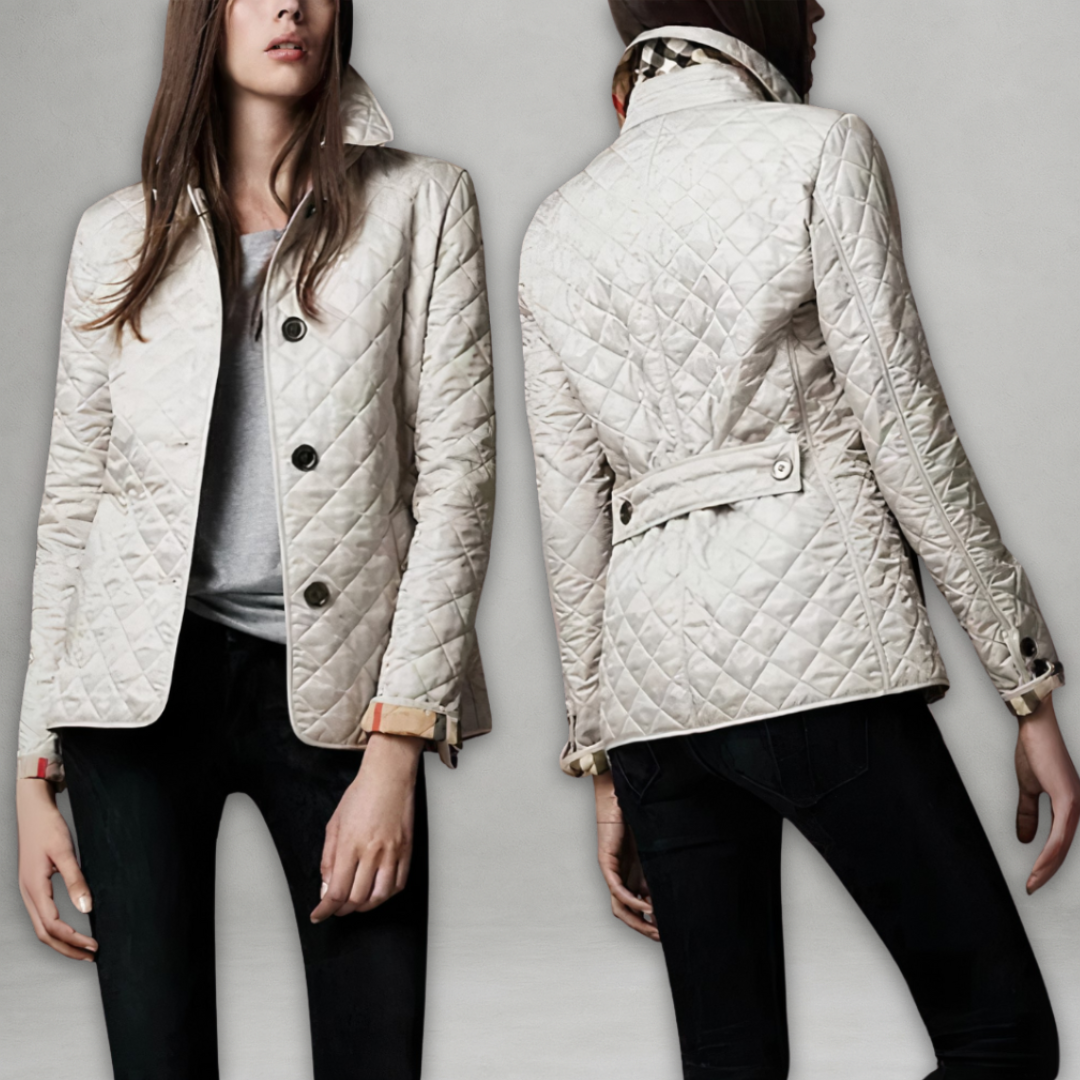 White quilted spring jacket with button front, stand collar, long sleeves
