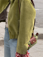 Olrinetta suede-like cropped jacket sleeve detail in olive green with elastic cuff and side stitching
