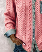 Pink long-sleeve shirt with denim cuffs and collar; cable knit body with pocket.