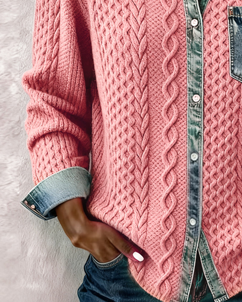 Pink long-sleeve shirt with denim cuffs and collar; cable knit body with pocket.