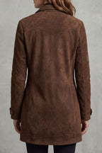 Brown suede longline coat, back view with center seam and button cuffs