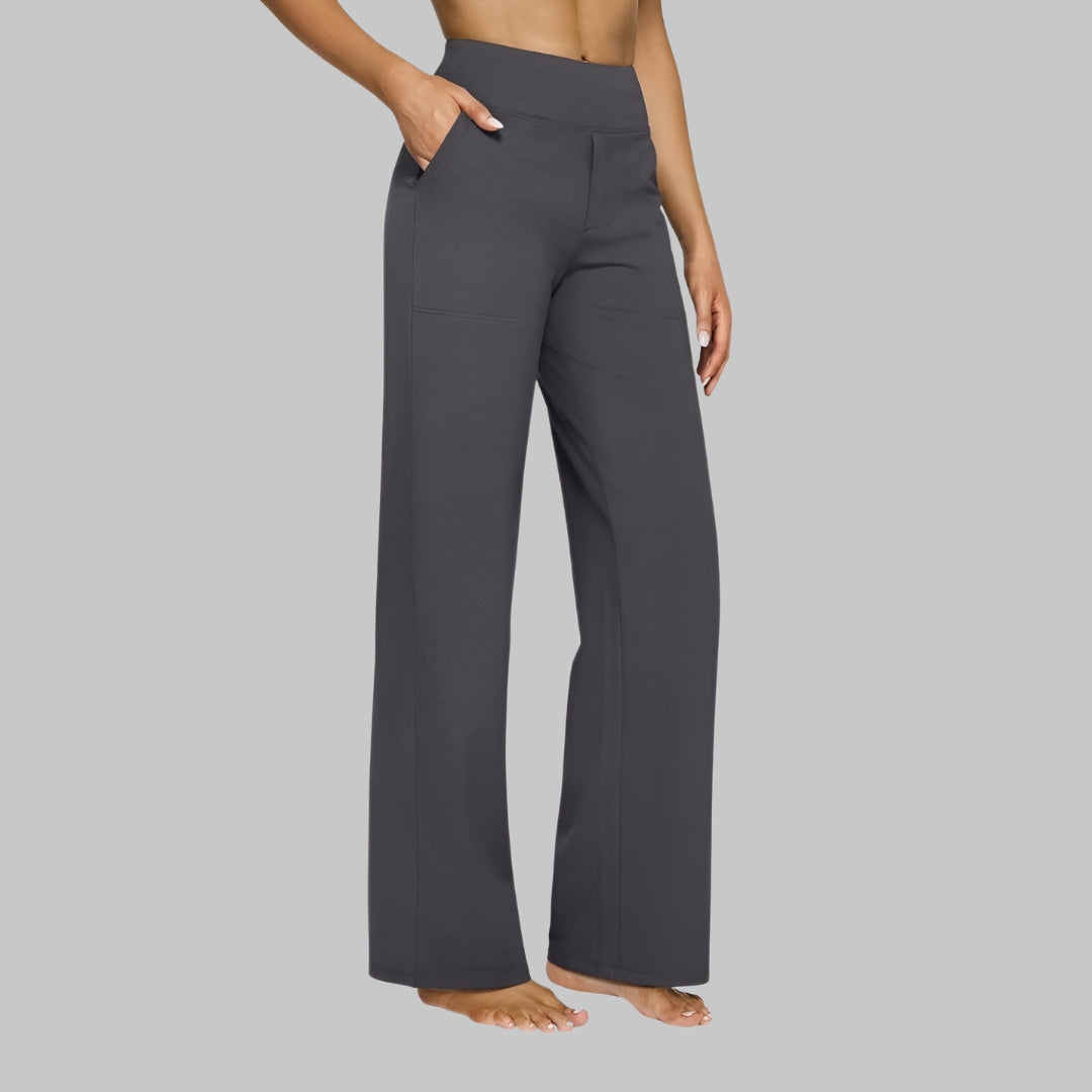 Charcoal high-waisted yoga pants with wide straight legs and minimal seams