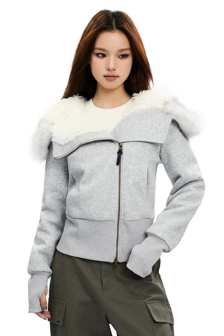 Light grey zip-up hoodie with white faux fur hood trim, full front zipper