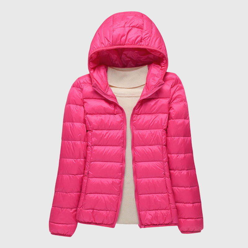 Ultra-light quilted jacket, pink, full-zip hood with ribbed knit at neckline