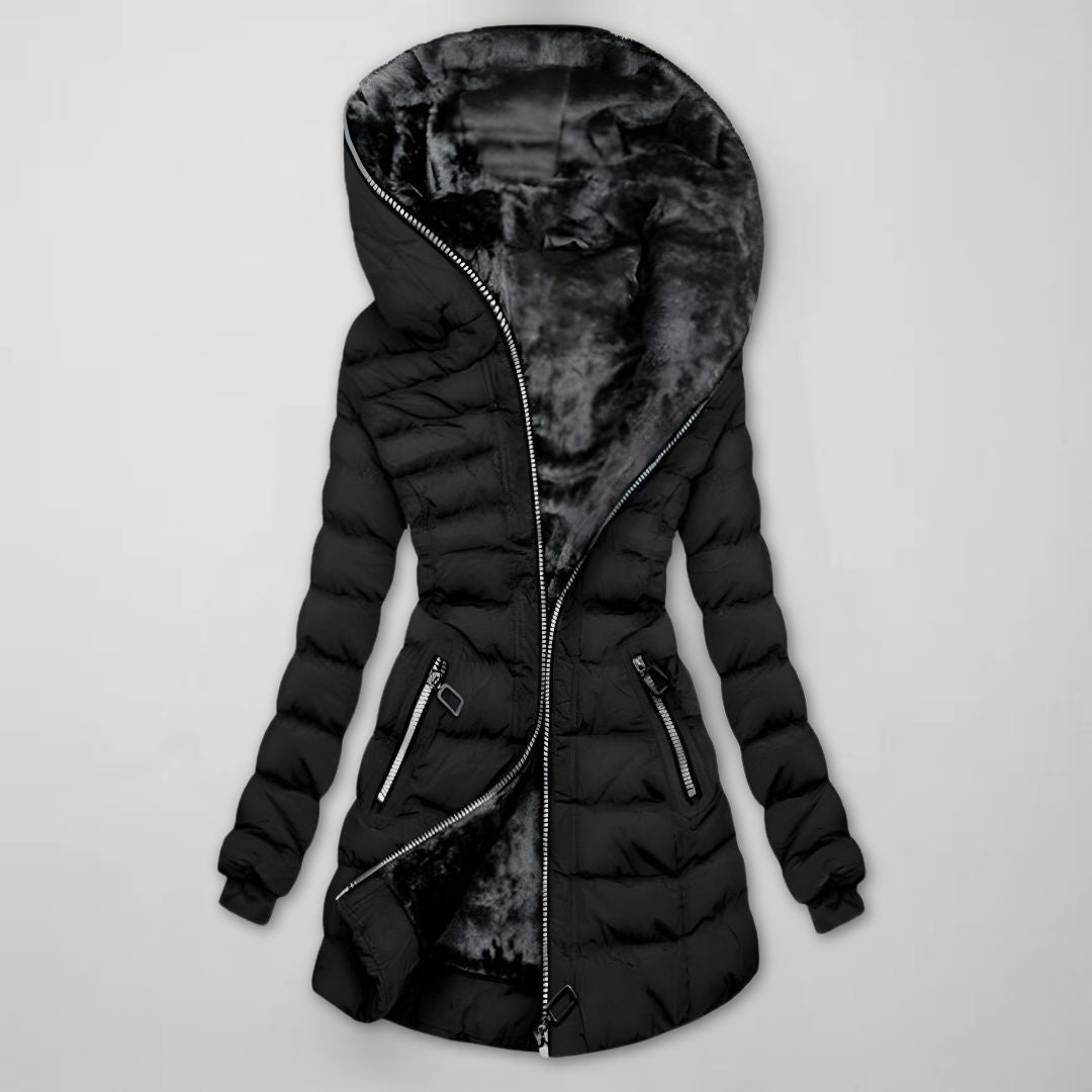 Women's long quilted hooded puffer jacket, black with black faux-fur hood