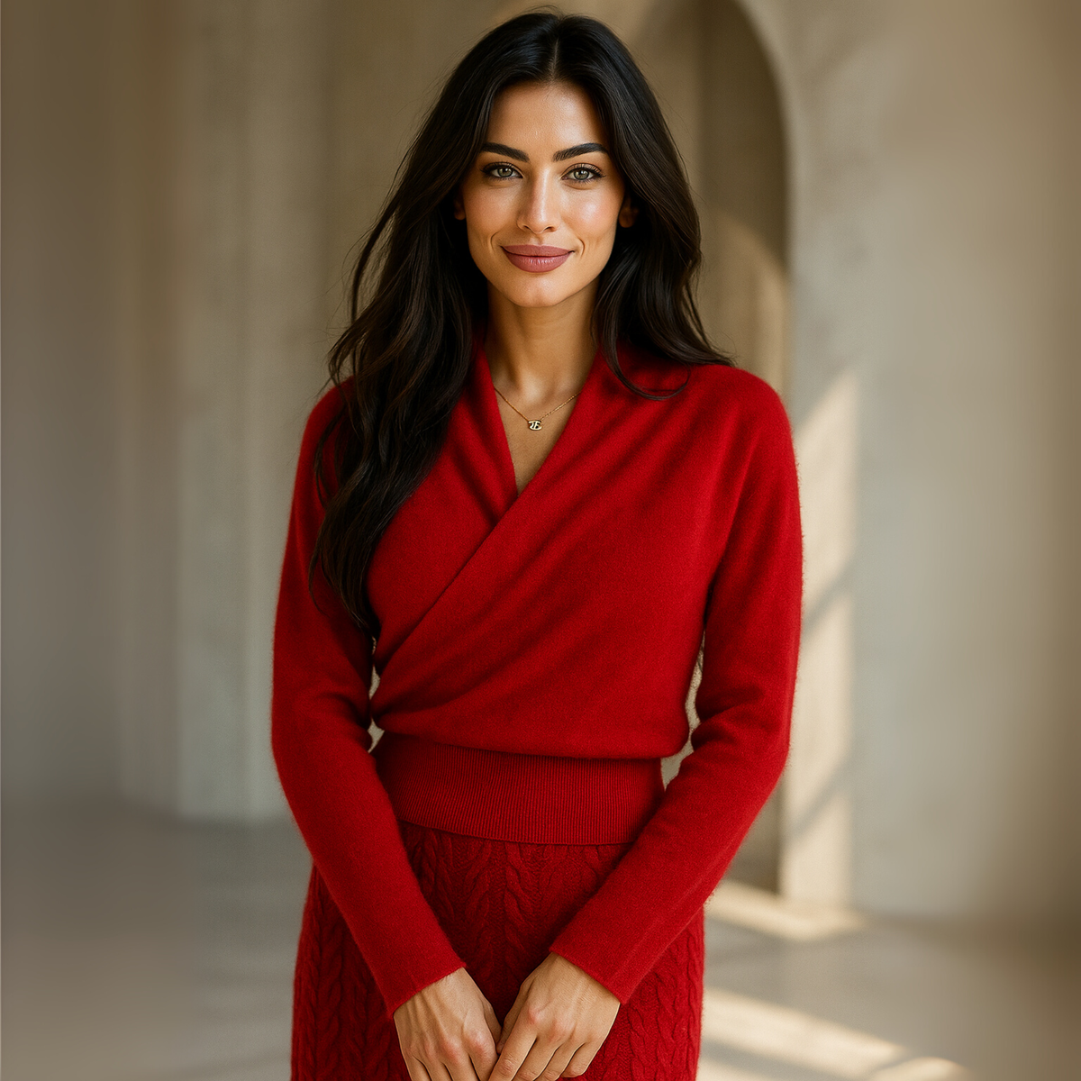 Women’s crossover collar knit sweater in red, long sleeves