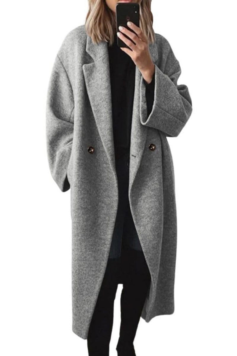 Women’s gray long wool double-breasted coat with notch lapels and long sleeves, buttons