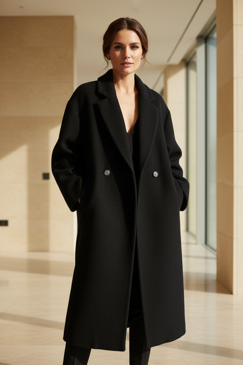 Women’s long wool double-breasted coat with notch lapels and long sleeves, button front
