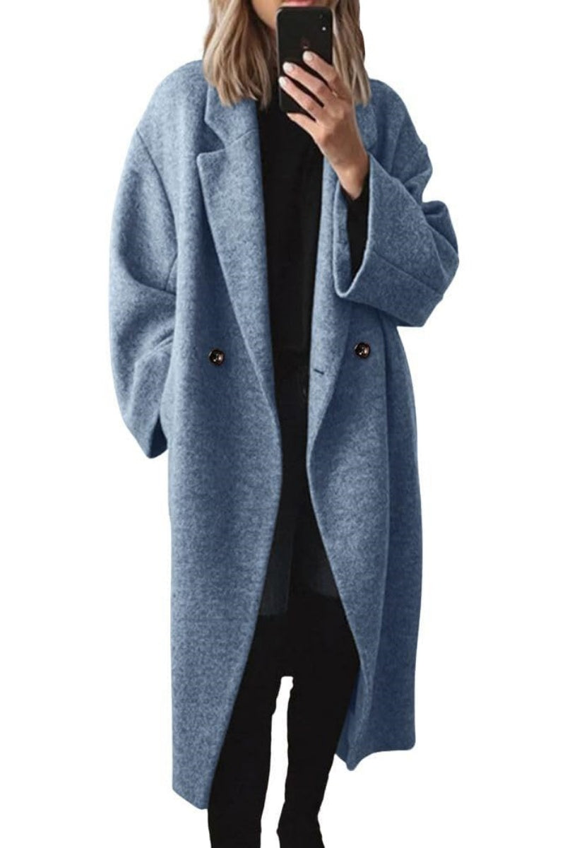 Women’s blue long wool double-breasted coat with notch lapels and long sleeves, buttons