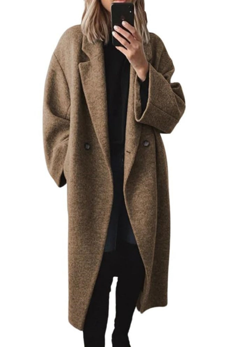 Women’s brown long wool double-breasted coat with notch lapels and long sleeves, button front