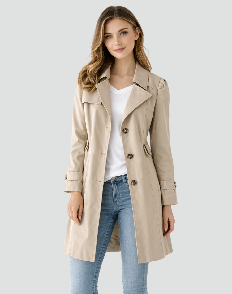 Light beige women's slim-fit trench coat with notch lapels, button front, long sleeves
