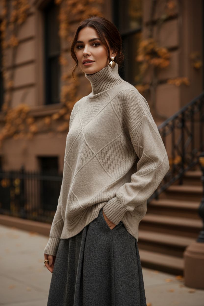 Women’s cashmere turtleneck sweater in light gray, diamond knit detail, ribbed collar and cuffs.