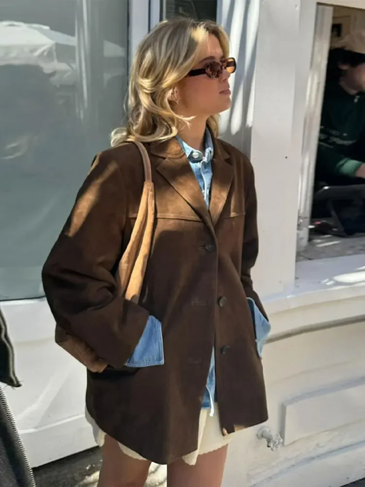 Women's brown suede-look button jacket, front view with lapels and button closure
