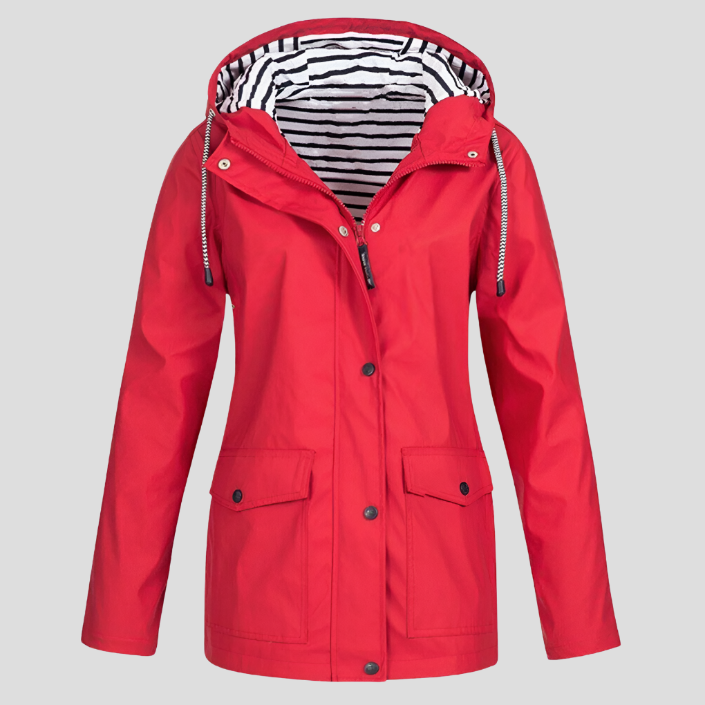 Amalia women’s insulated wind and waterproof jacket, red with striped hood lining, snap front