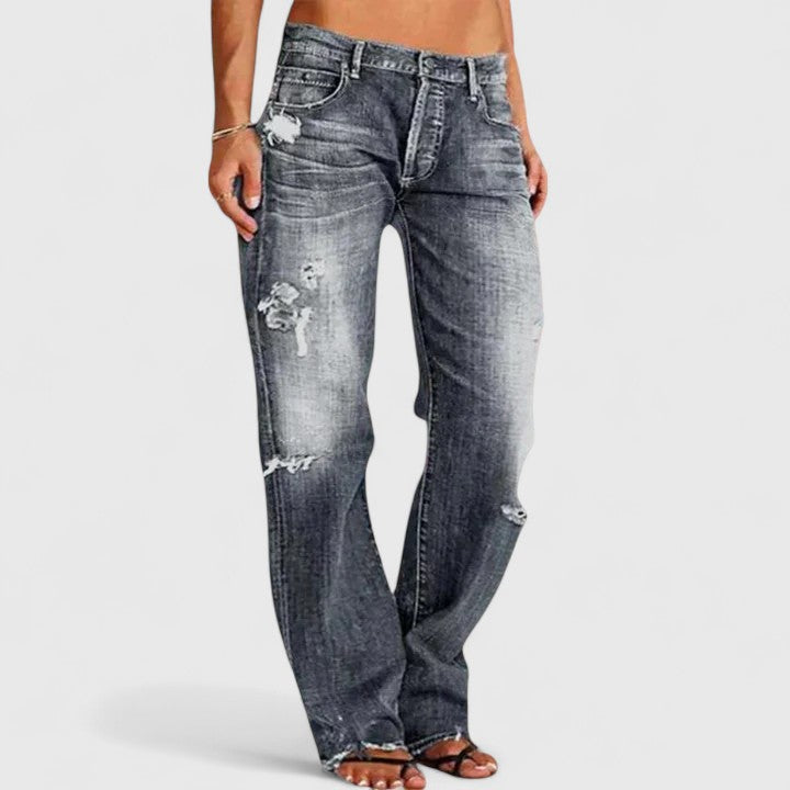 Gray-blue distressed jeans, straight-leg cut with five-pocket styling