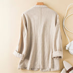 Khaki beige lightweight blazer with notched lapel and two-button front, back view