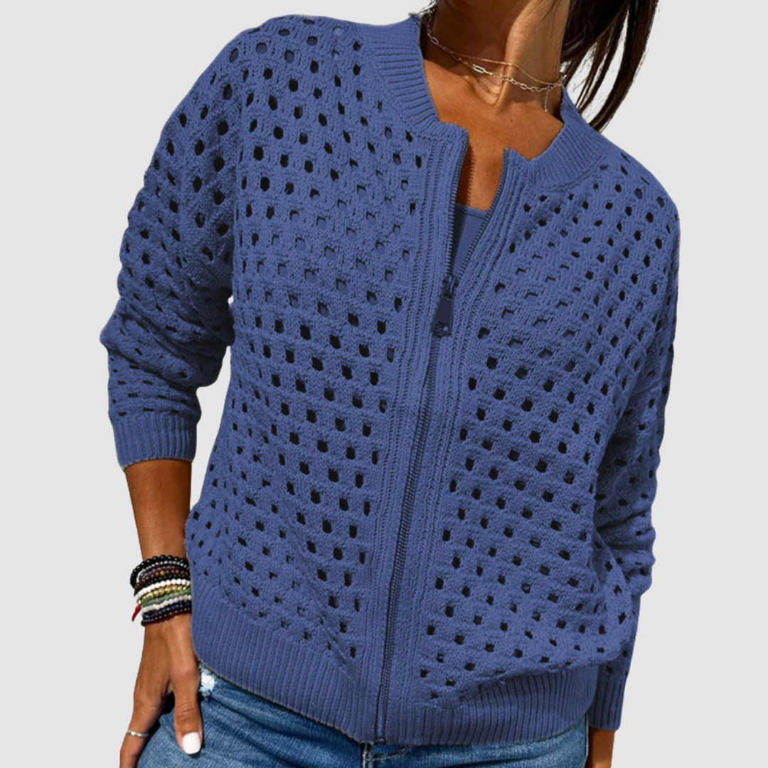 Blue knitted cardigan with full zip, openwork dot pattern, ribbed cuffs and hem.