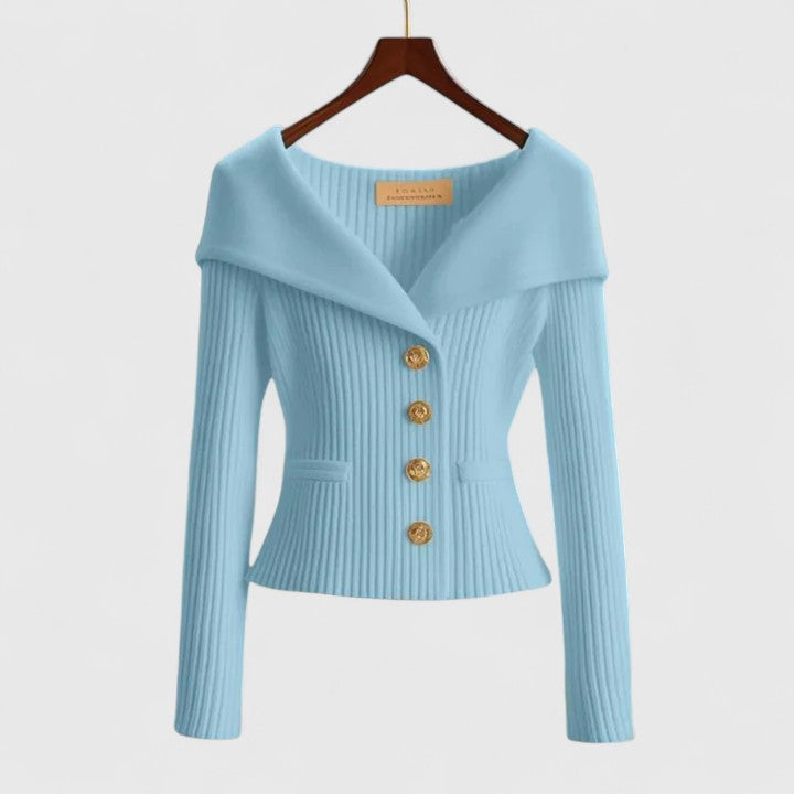 Sky blue ribbed cardigan with V-neck, long sleeves, and button front