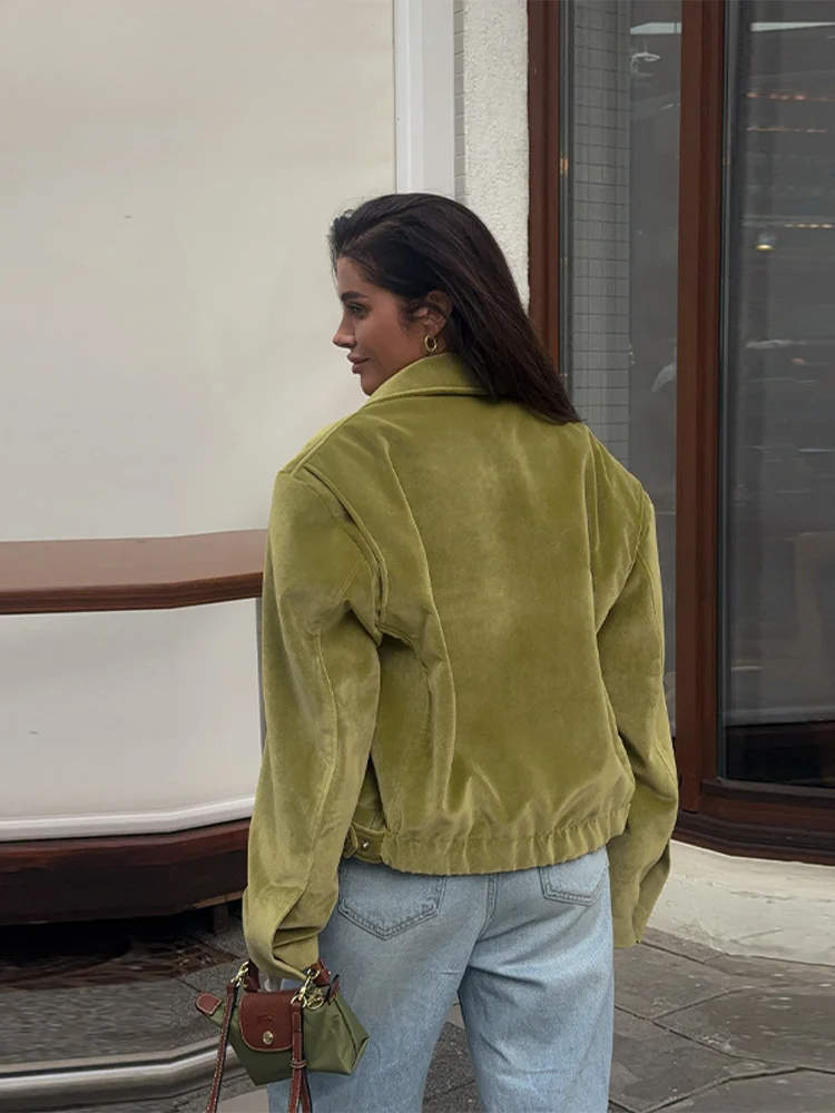 Olrinetta suede-like cropped jacket in olive green, relaxed fit with back view showing seams