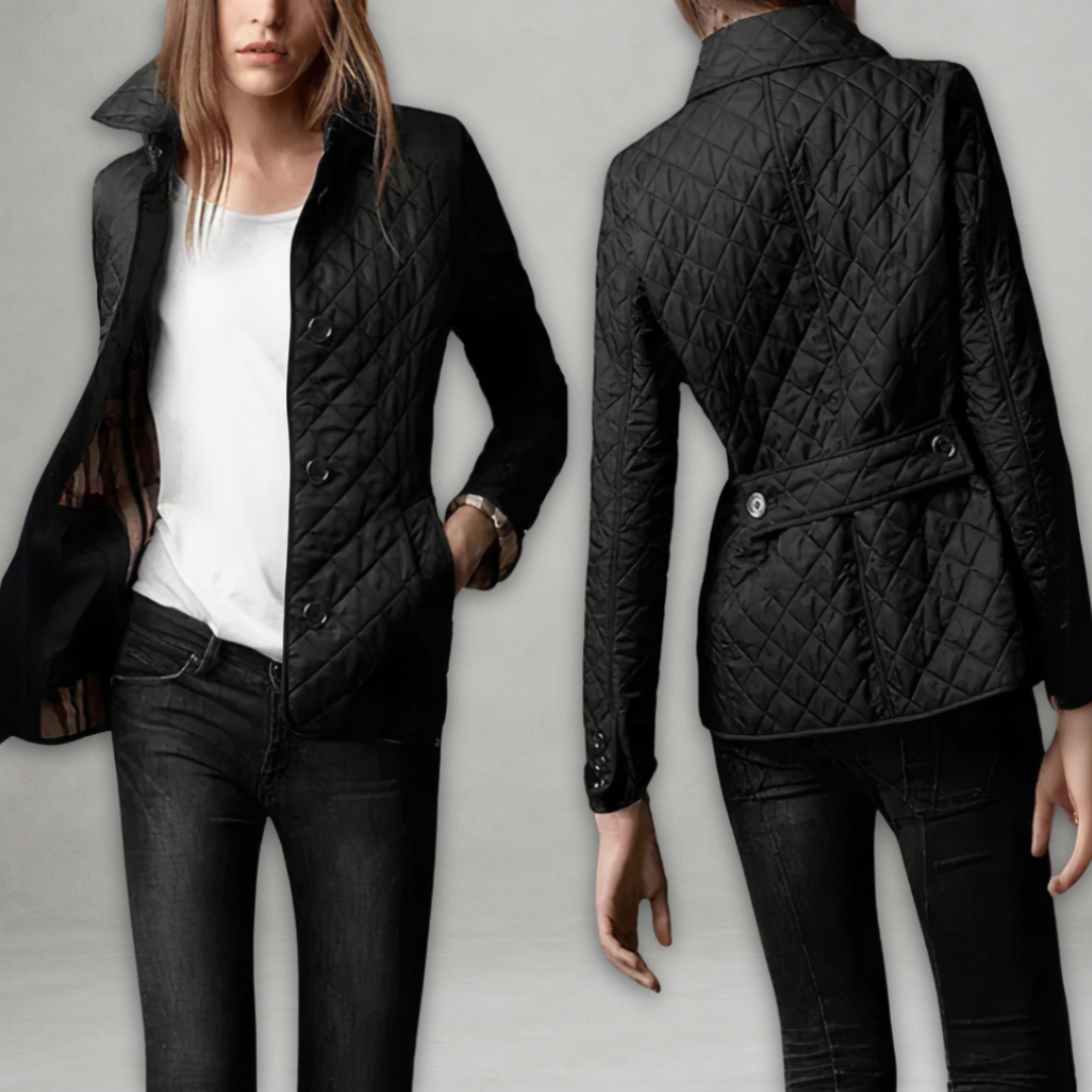 Black quilted spring jacket with button front, stand collar, long sleeves