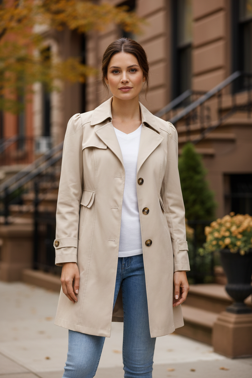 Light beige women's slim-fit trench coat with classic collar lapels and button front