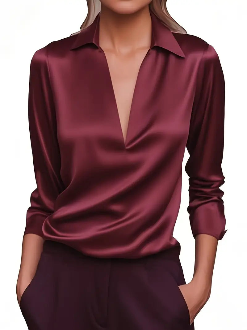 Dark burgundy satin V-neck blouse with pointed collar, 3/4 sleeves, smooth drape front