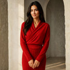 Women’s crossover collar knit sweater in rich red with long sleeves