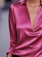 Fuchsia V-neck satin blouse with long sleeves and pointed collar