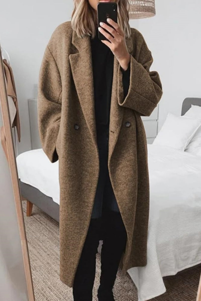 Women’s long wool double-breasted coat in brown with notch lapels and button front