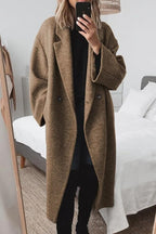 Women’s long wool double-breasted coat in brown with notch lapels and button front