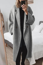 Women’s long wool double-breasted coat in gray with notch lapels, long sleeves, buttons