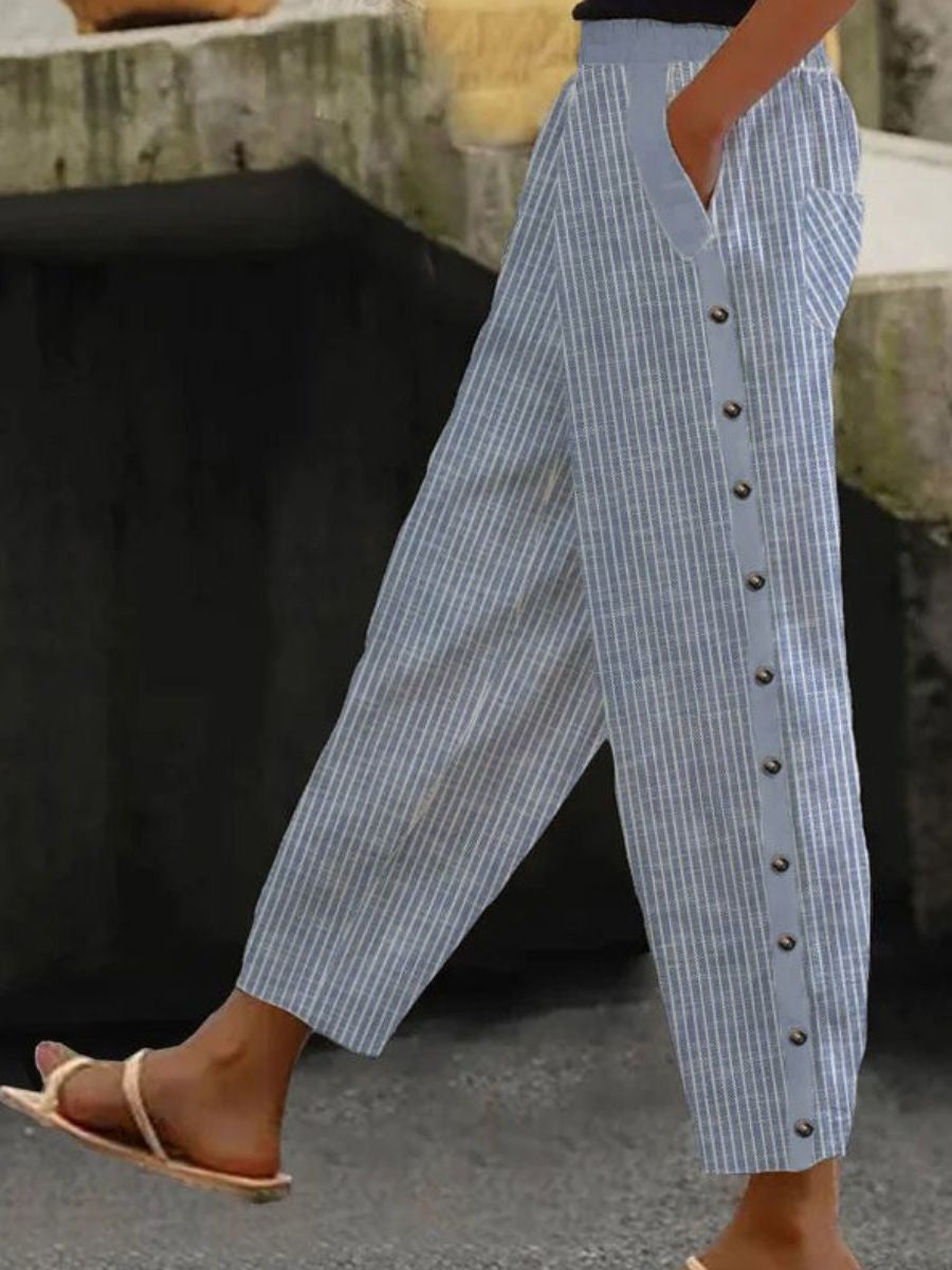Women's striped cotton pants, light blue and white, button-front detail, ankle length