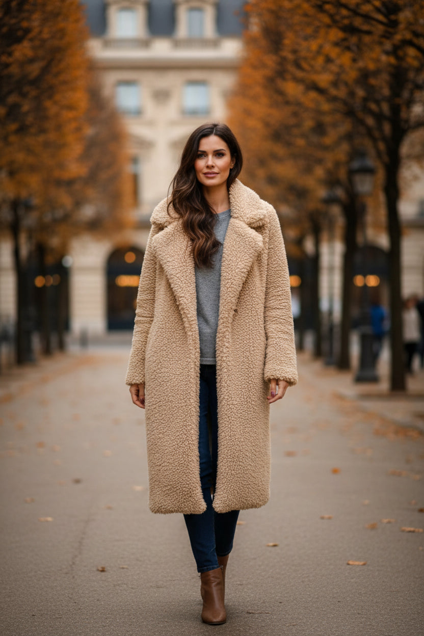 Soft long teddy fleece coat in light beige, relaxed fit with lapel collar.