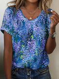 Vintage floral print short-sleeve t-shirt with scoop V-neck, multicolor blue/purple foliage