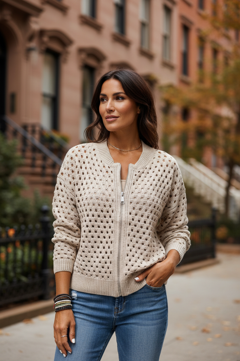 Beige knitted cardigan with full zip, openwork dot pattern, ribbed cuffs and hem.