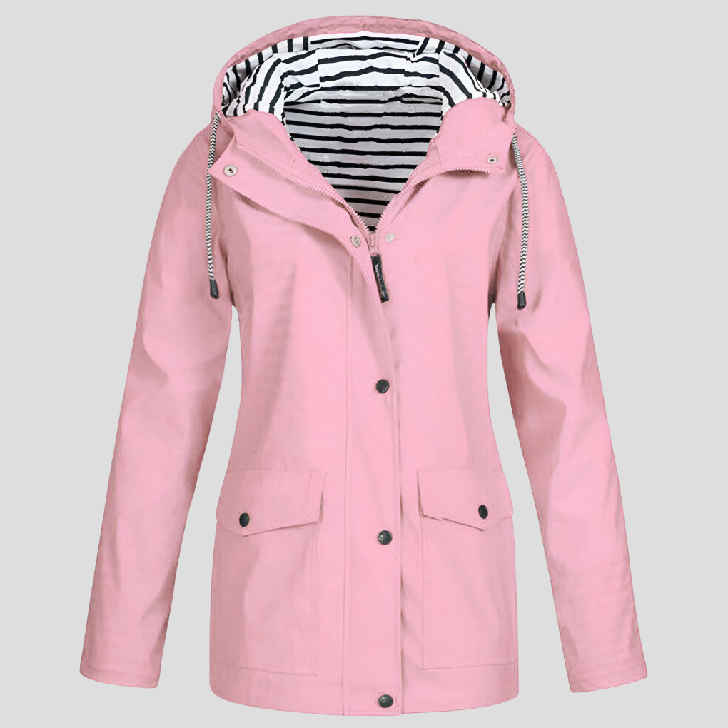 Amalia women’s insulated wind and waterproof jacket, light pink with striped hood lining, snap front