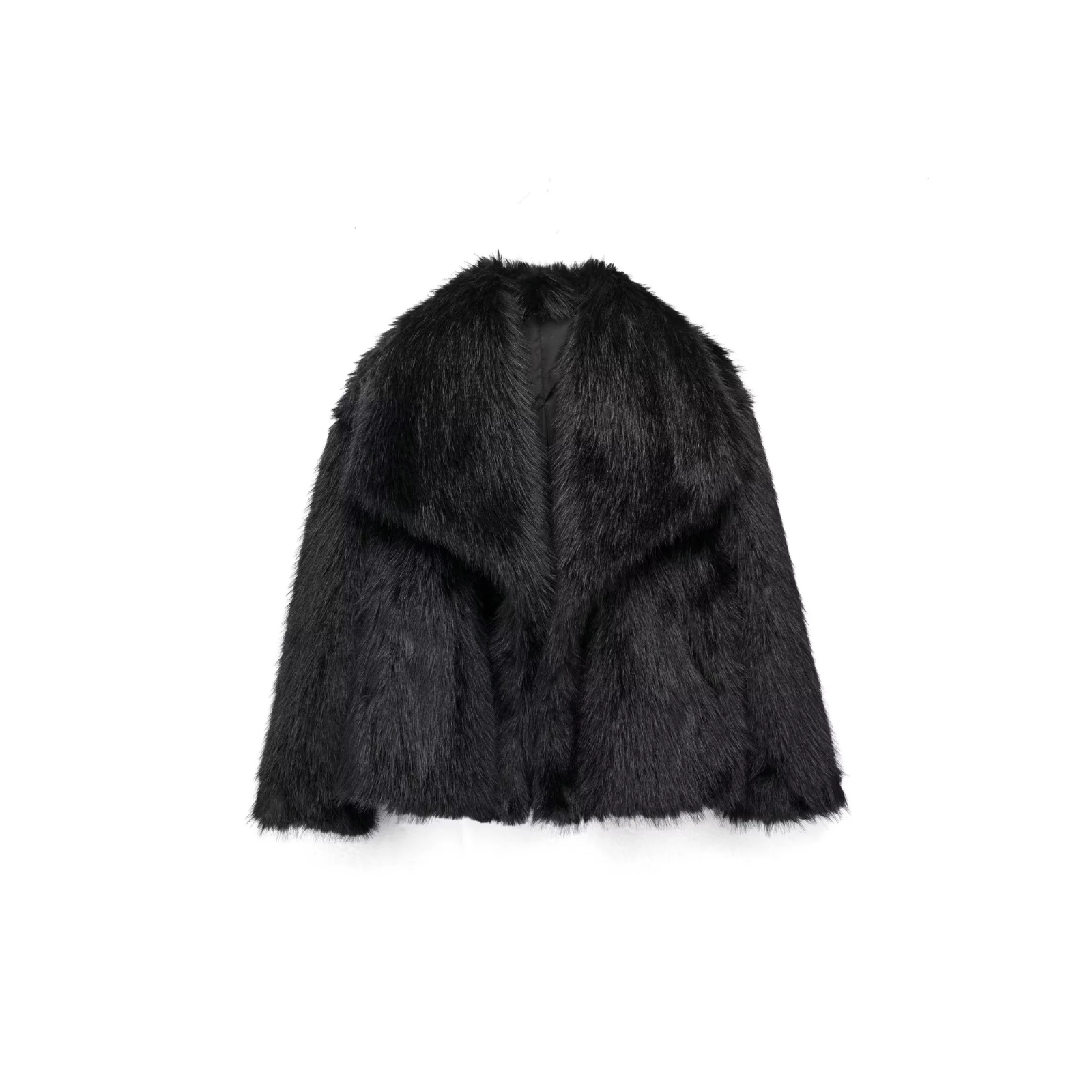 Faux fur jacket in black with wide lapels and button front