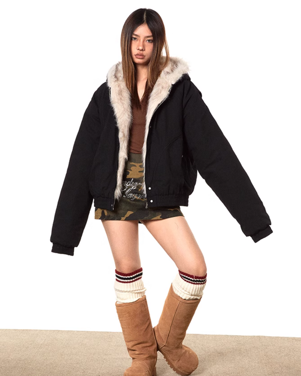 Black fur-lined bomber jacket with faux shearling collar, zip front, and side pockets