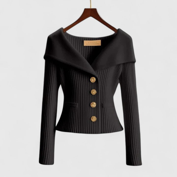 Black ribbed cardigan with V-neck, long sleeves, and button front
